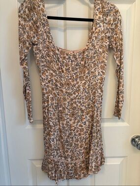 Free People Cream and Brown Floral Long Sleeve Scoop Dress